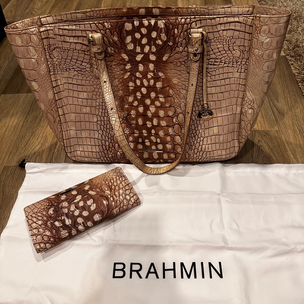 Brahmin Tan Crocodile Embossed Tote Bag